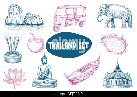 Thailand themed illustration set featuring iconic symbols including an elephant, tuk-tuk, Buddha statue, lotus flower, and traditional boat against a Stock Vector