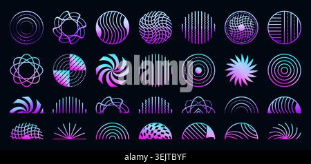 Y2K neon festive violet set of circles and semicircles. Futuristic cyberpunk purple ultra acid vector radial shapes, gradient rave aesthetic sign coll Stock Vector