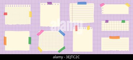 Vector torn paper notes taped with colorful washi tape pieces, Blank notebook sheets graphic design elements for scrapbooking and journaling Stock Vector