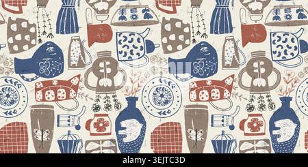Hand painted pottery vector seamless pattern, boho organic ceramic shapes illustration of vases, clay bowls, mugs, tea and coffee pot, modern backgrou Stock Vector