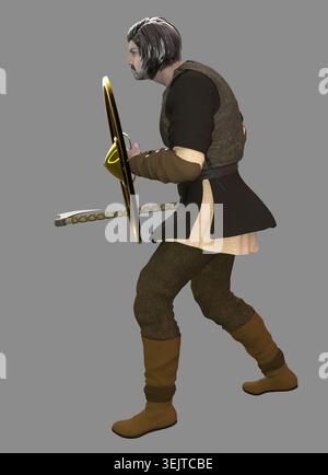 3D Rendered warrior holding an axe and round shield. Perfect for fantasy gaming, character design, or historical illustration projects needing detaile Stock Photo