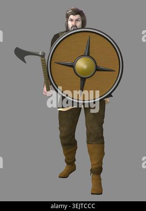 3D Rendered warrior holding an axe and round shield. Perfect for fantasy gaming, character design, or historical illustration projects needing detaile Stock Photo