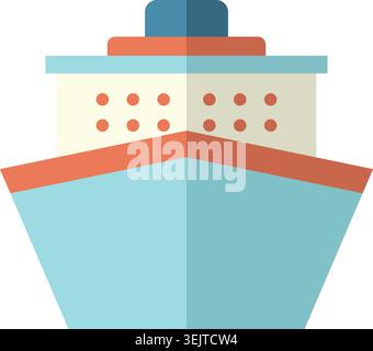Flat illustration of a passenger ship viewed from the front with a blue hull dotted windows and a wide deck Stock Vector
