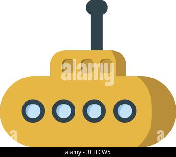 Flat illustration of a yellow submarine with a top periscope and four round porthole windows Stock Vector