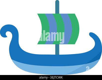 Flat illustration of a blue Viking style sailboat with curled ends and a striped green and blue sail Stock Vector