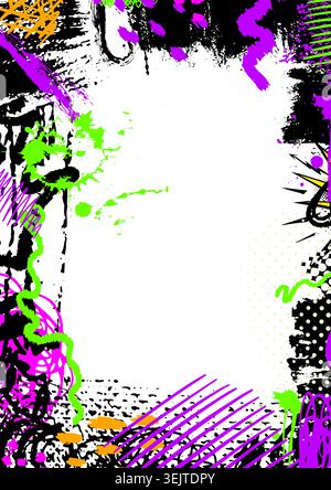 Grunge vibrant colorful frame templates featuring doodles, spray paint, and ink drops. A set of graffiti art backgrounds with abstract street art Stock Vector
