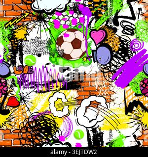Seamless graffiti sports background . Hand drawn. Not AI, vector illustration. Stock Vector