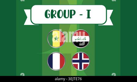 Group i flags of senegal iraq france and norway on green background. Stock Vector