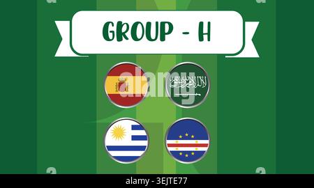 Group h flags of spain saudi arabia uruguay and cape verde on green background. Stock Vector