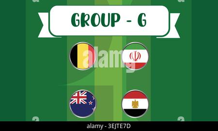 Group g flags of belgium iran new zealand and egypt on green background. Stock Vector