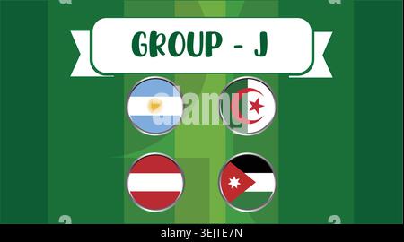 Group j flags of argentina algeria austria and jordan on green background. Stock Vector
