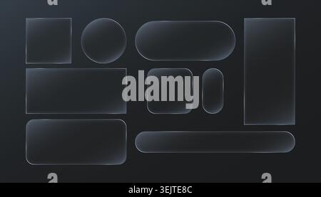 Glassmorphism UI elements collection on a black background. Transparent liquid glass user interface frame set in different shapes, vector illustration Stock Vector