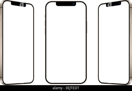 Gold color smartphone devices mockup set in front and side angle. Realistic mobile phone template for advertisement, vector illustration Stock Vector
