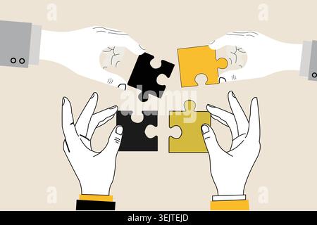 Hands connecting puzzle pieces symbolizing teamwork and collaboration. Stock Vector