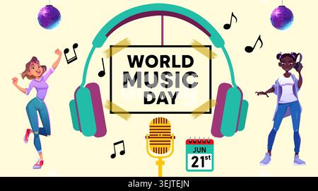 World Music Day celebration with dancing people, headphones, and microphone. Stock Vector