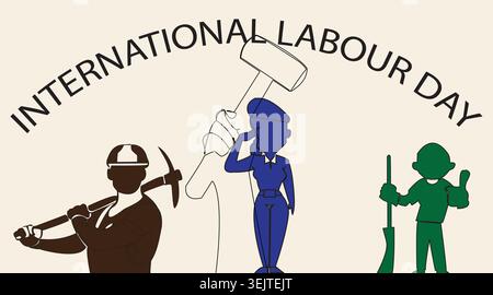 International labour day with workers holding tools and hammer. Stock Vector