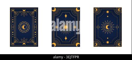 Set of mystical tarot cards backs with gold celestial sun, moon, and star symbols on dark blue. Cover, back side of playing cards. Vector illustration Stock Vector