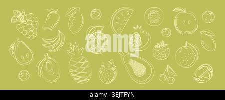 Fruit and Berry Sketch Elements Collection. Abstract geometric line art elements fruit illustration. Shapes of natural organic eco-agriculture citrus. Stock Vector