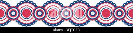 Seamless border pattern with round patriotic rosettes and circle bunting. American flag colors red white and blue decoration for 4th of July Stock Vector