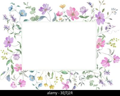 Watercolor Wildflower Horizontal Frame. Meadow Flowers and Green Leaves ...