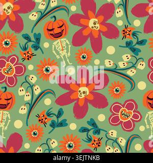 Halloween flowers seamless pattern with spooky pumpkins ghosts skull blooms and cats Stock Vector
