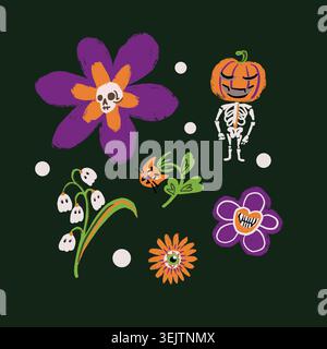 Halloween flowers with spooky pumpkins ghosts skull blooms and cats Stock Vector