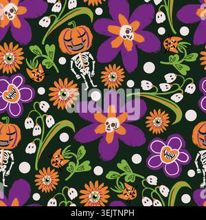 Halloween flowers seamless pattern with spooky pumpkins ghosts skull blooms and cats Stock Vector