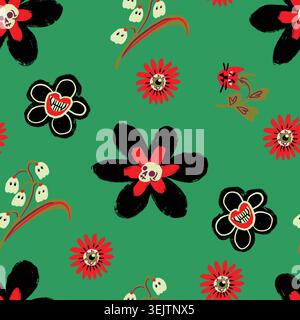 Halloween flowers seamless pattern with spooky pumpkins ghosts skull blooms and cats Stock Vector