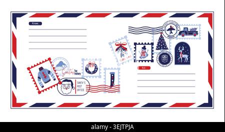 Envelope Christmas Template Holiday Vintage Mail Letter Decor Printable Winter Design Template Stock Vector