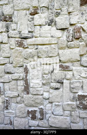 Stone and mortar wall surface with light gray, tan, and darker brown porous rocks of varied sizes, rough uneven textures, smooth uneven mortar joints Stock Photo