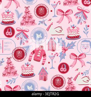 Christmas Seamless Pattern Pink Winter Holiday Cake Bow Tree Sweater House Festive Decor Illustrati Stock Vector