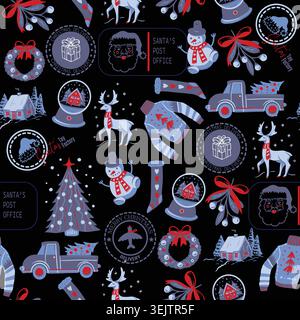Christmas Seamless Pattern Vintage Holiday Santa Claus Snowman Reindeer Tree Wreath Gift Sweater Stock Vector