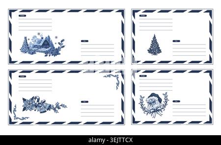 Envelope Christmas Template Holiday Vintage Mail Letter Decor Printable Winter Design Template Stock Vector
