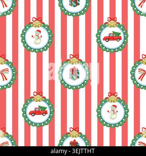 Christmas frames striped seamless pattern with vintage holiday ornaments gifts Stock Vector