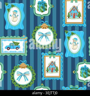 Christmas frames striped seamless pattern with vintage holiday ornaments gifts Stock Vector