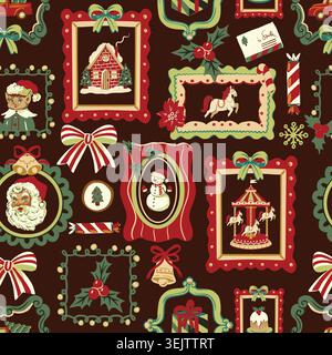 Christmas elements seamless pattern vintage holiday frames festive decorative background  Stock Vector