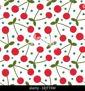 Cute cherry simple vector seamless pattern, Simple summer fruit and dots cartoon illustration background for kids and baby designs Stock Vector