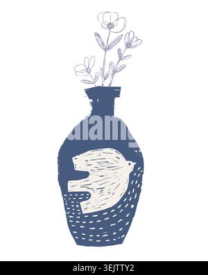 Hand painted vector ceramic vase with flowers and bird pattern, Organic clay object for pottery workshops posters and brochures Stock Vector