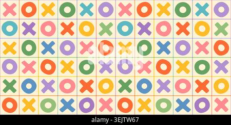 Fun playful xoxo hugs and kisses cross and circle vector seamless pattern, cute pastel colored kids tic tac toe game background for children school st Stock Vector