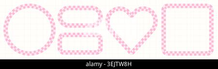 Pink gingham vector frames, pastel color romantic heart, circle and square checkerboard borders for labels and package design Stock Vector
