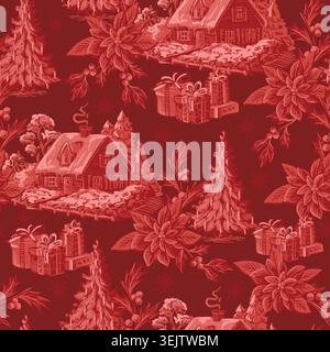 Vintage christmas toile baroque seamless winter cottage ribbon ornament pattern design Stock Vector