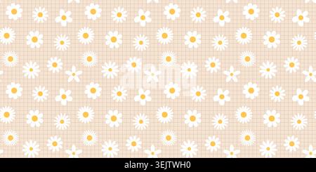Cute vector daisy flowers on grid background, summer floral design for textile and wrapping paper Stock Vector
