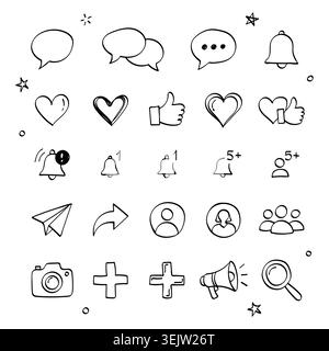 Hand drawn social media icons vector set doodle communication notification sign Stock Vector