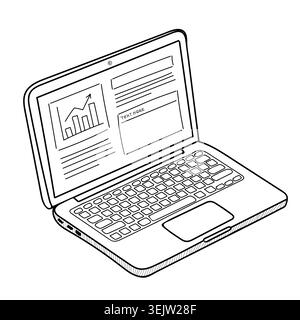 Open laptop with business analytics financial graph on screen, black and white outline vector illustration for freelance, work and education concepts. Stock Vector