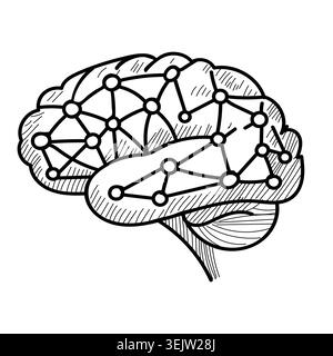 Outline vector illustration of human brain with digital neural network nodes, black and white sketch for artificial intelligence and science concepts. Stock Vector