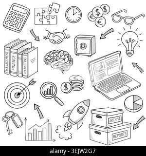 Big collection of business and finance doodle icons including laptop, rocket, brain, money, target and charts, hand drawn black and white vector sketc Stock Vector