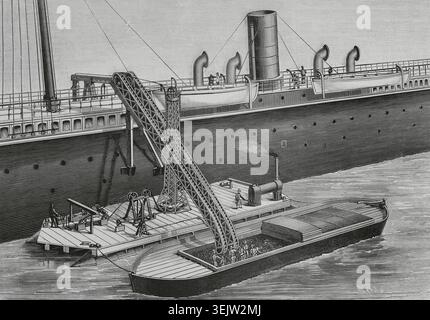 Floating coal elevator, 1883. Designed and constructed by James Rigg, a British engineer from Chester. It consists of a wide platform on two floating cylinders, which supports a steam engine that generates the necessary movement to the chains and pulleys. In the center, a tower serves as a regulator and mechanical balance. The elevator extends from the deck of the ship to the pontoon by means of the aforementioned tower. Moving buckets, driven by the steam engine, pick up the cargo from the pontoon and throw it, after being automatically weighed, into the ship's coal compartments or warehouses Stock Photo