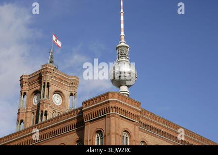 Architectural detail, Red Town Hall, (Rotes Rathaus), Berlin, Germany, 2025. Building constructed between 1861 and 1869 based on a design by architect Hermann Friedrich Waesemann, (1813-1879) in the style of the Northern Italy High Renaissance. It replaced several medieval buildings that occupied the entire block. It houses the offices of the mayor and the government of the federal state of Berlin, (Senate of Berlin). The building was heavily damaged by Allied bombing in World War II and rebuilt to the original plans between 1951 and 1956. As it was located in the Soviet-occupied sector of the Stock Photo