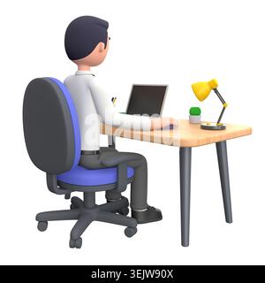 3D professional man using laptop at office desk back view three quarter angle Stock Photo