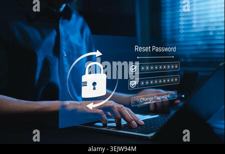 Password Reset and Secure Account Recovery Concept. Person using laptop and smartphone with padlock, password fields, checkmarks, change password Stock Photo